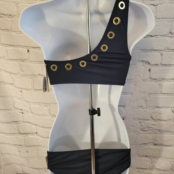 Michael Kors Grommet One-Shoulder Bikini Top & Hipster Bikini Bottoms- Navy - Picture 4 of 7